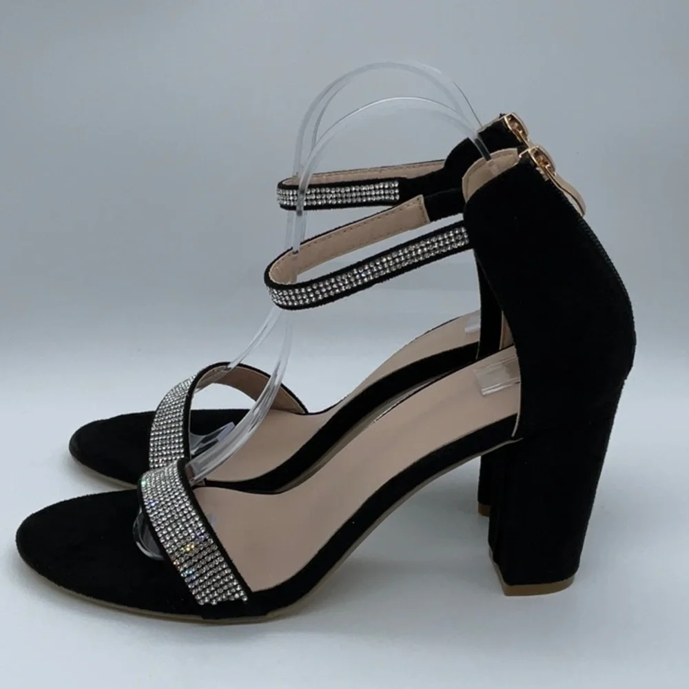 Black Faux suede heels with sparkle detail ankle strap back gold zipper closure